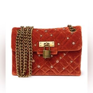 Kurt Geiger Velvet Mini Brixton Lock Bag Orange NWT Crystal Quilted